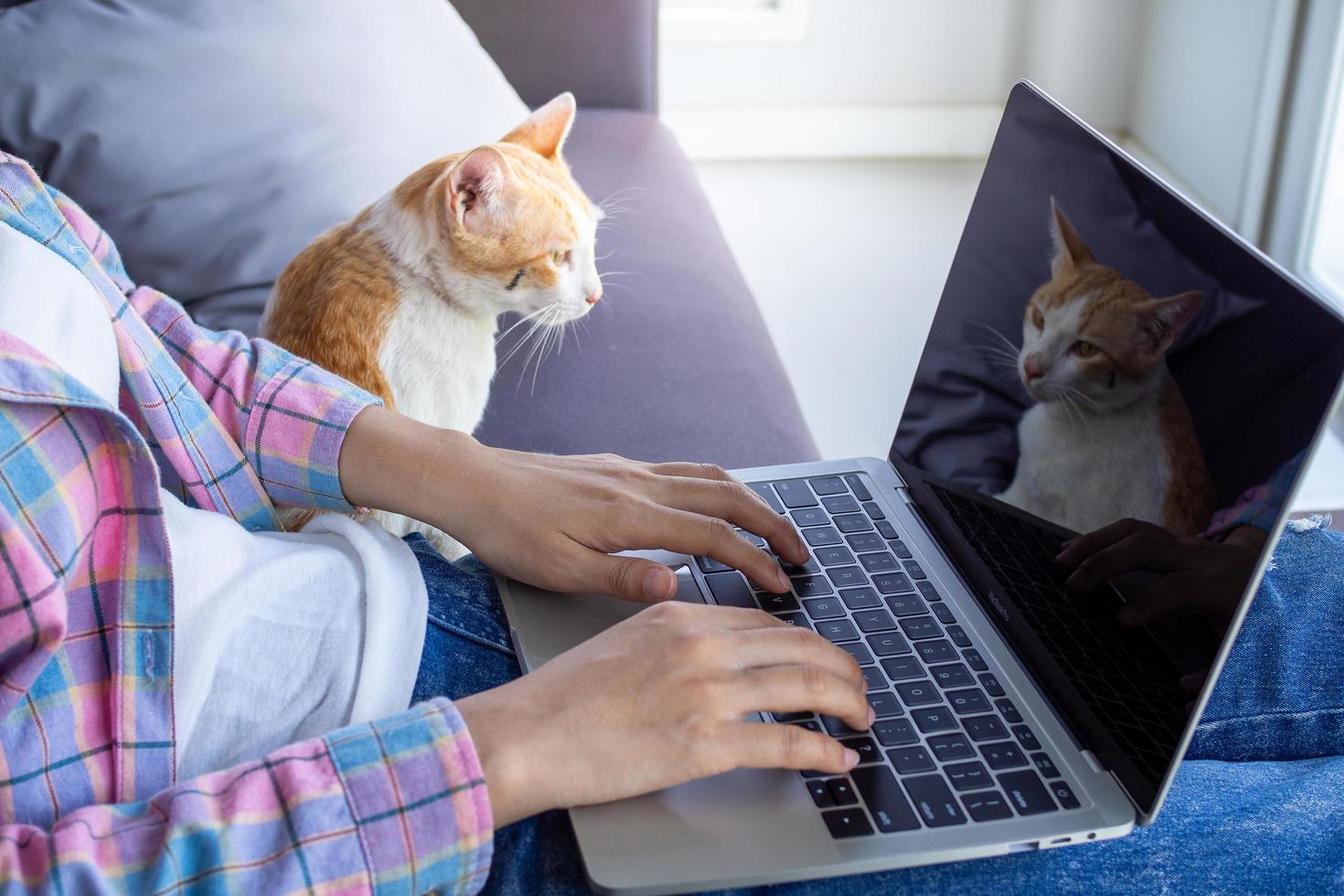 een vrouw zittend en werken Aan de sofa Bij huis naar voldoen met bedrijf beleid. werk van huis kan gebruik de internet en computer voor video conferenties en ontmoeting. verminderen verspreiding covid-19 foto