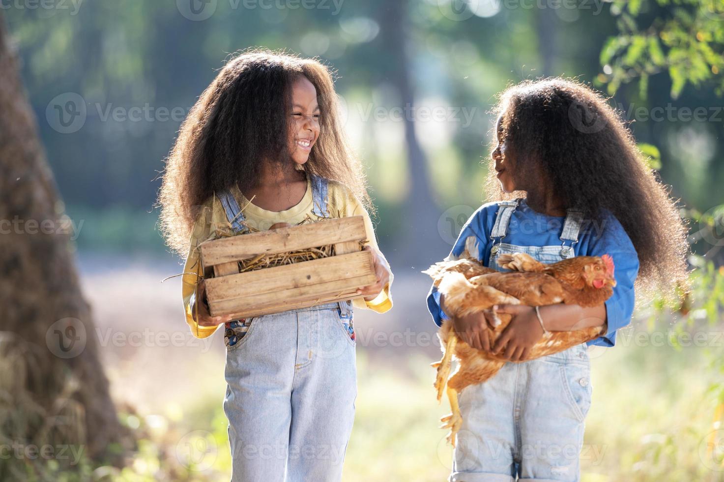 twee zwart meisjes houden een bruin kip in hun omhelzing van liefde met hun ogen Gesloten. een weinig zwart meisje is Holding een kip in een boerderij. foto