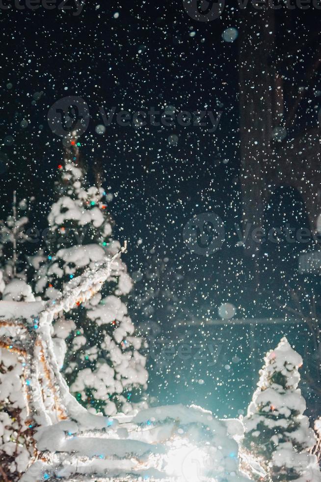 sneeuw komt van de lucht Aan Kerstmis nacht en douches de Kerstmis bomen foto