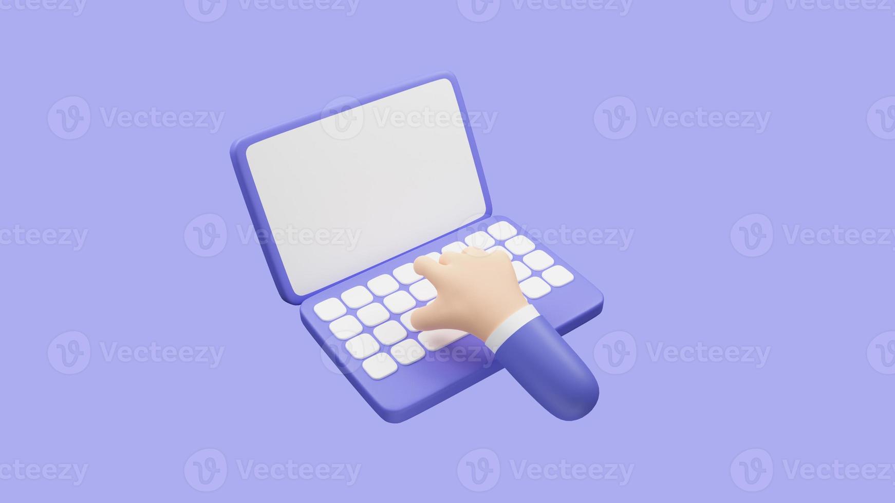 3d tekenfilm geven van zakenman hand- typen Aan laptop met blanco scherm voor mockup sjabloon foto