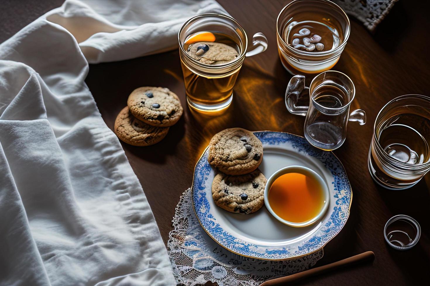 fotografie van een bord van koekjes en een glas van thee Aan een tafel met een kleding en een servet Aan het foto