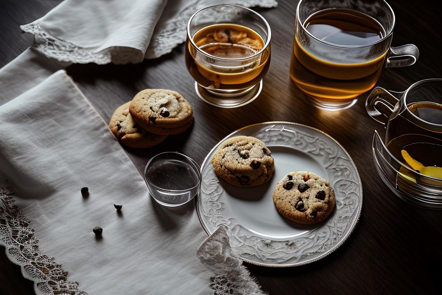 fotografie van een bord van koekjes en een glas van thee Aan een tafel met een kleding en een servet Aan het foto