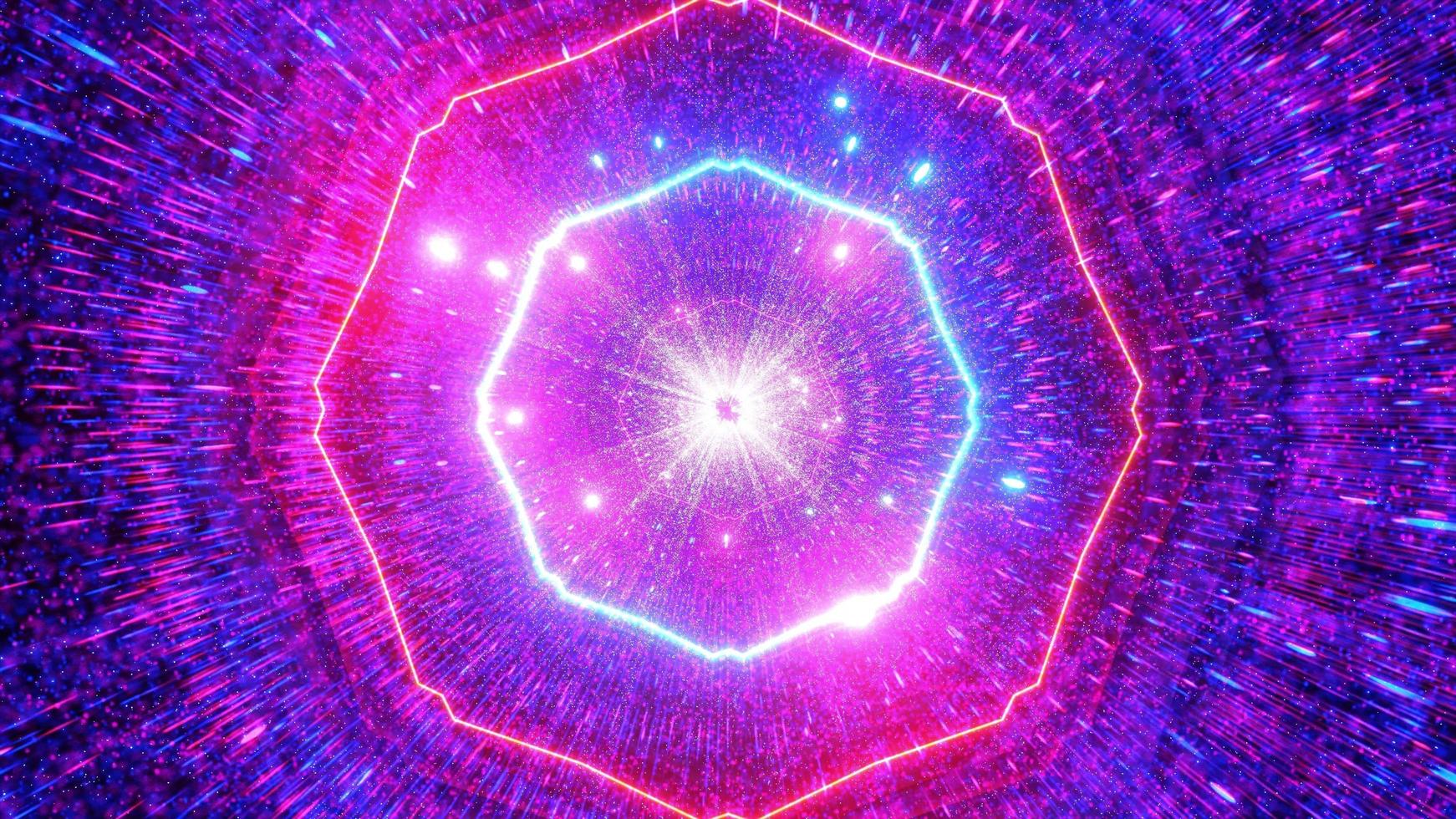 gloeiende neon ruimtetunnel met koele deeltjes 3d illustratie achtergrondbehangkunstontwerp foto