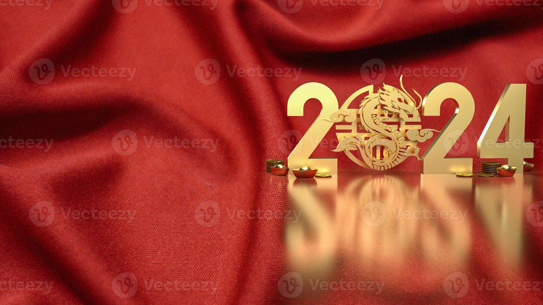 de goud Chinese geld en draak dierenriem voor 2024 jaar 3d renderen foto