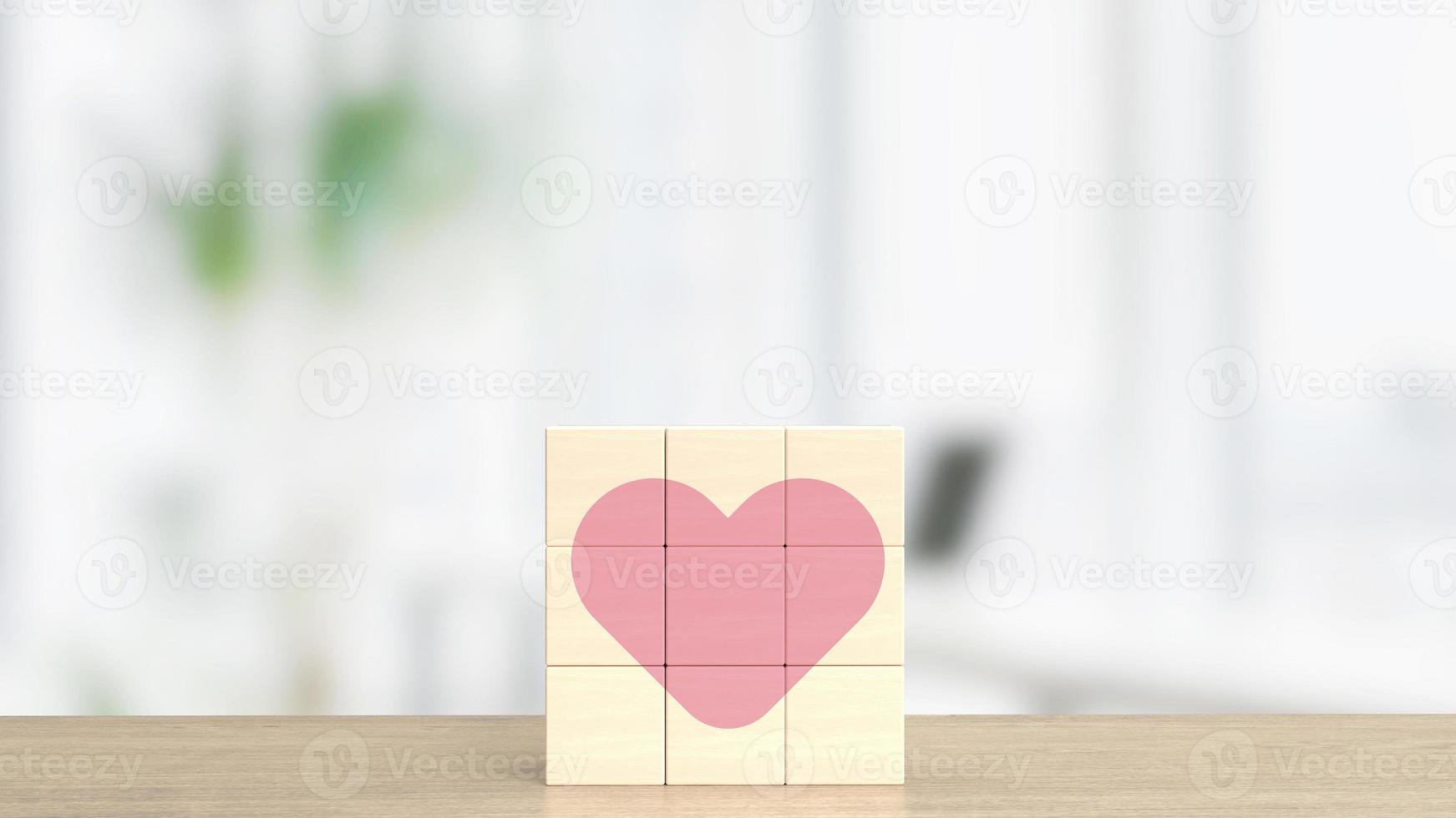 de hout kubus en roze hart voor Valentijn of liefde concept 3d foto