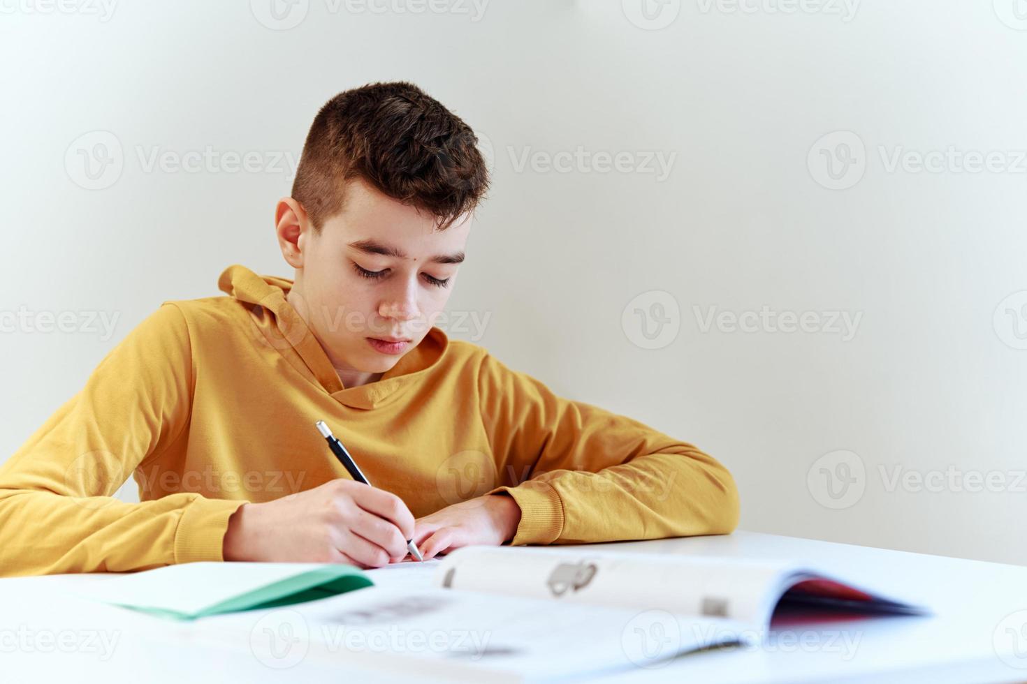 tiener- jongen schrijven huiswerk Bij huis. onderwijs concept foto