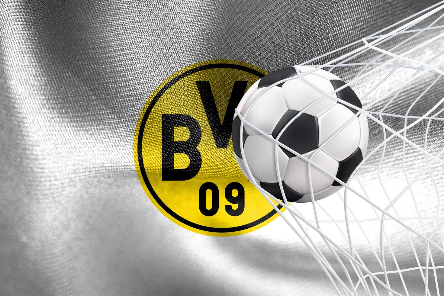 uefa kampioenen liga 2023, borussia dortmund vlag met een voetbal bal in netto, uefa behang, 3d werk en 3d afbeelding. jerevan, Armenië - 2023 januari 27 foto