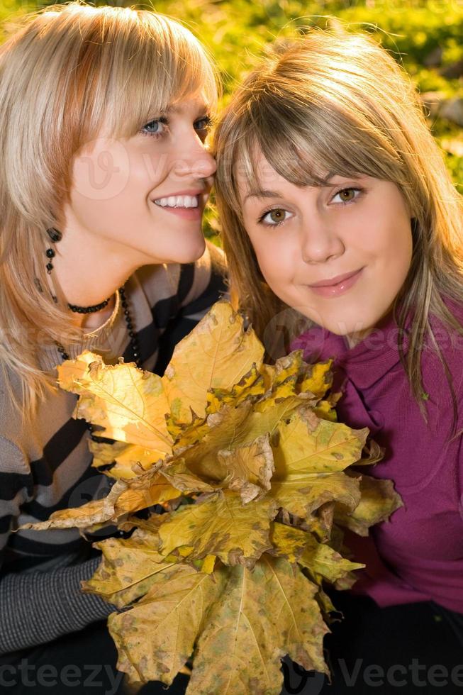 portret van de twee jong schoonheid blond met herfst bladeren foto