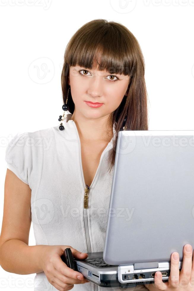 portret van de zakenvrouw met laptop over- wit foto