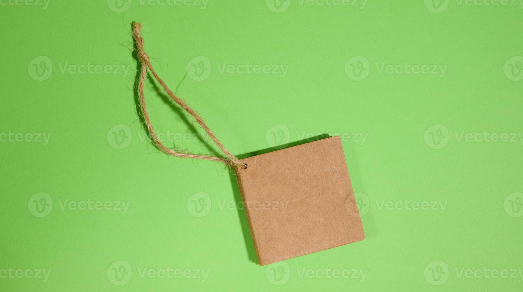 bruin papier plein papier label met touw Aan groen achtergrond foto