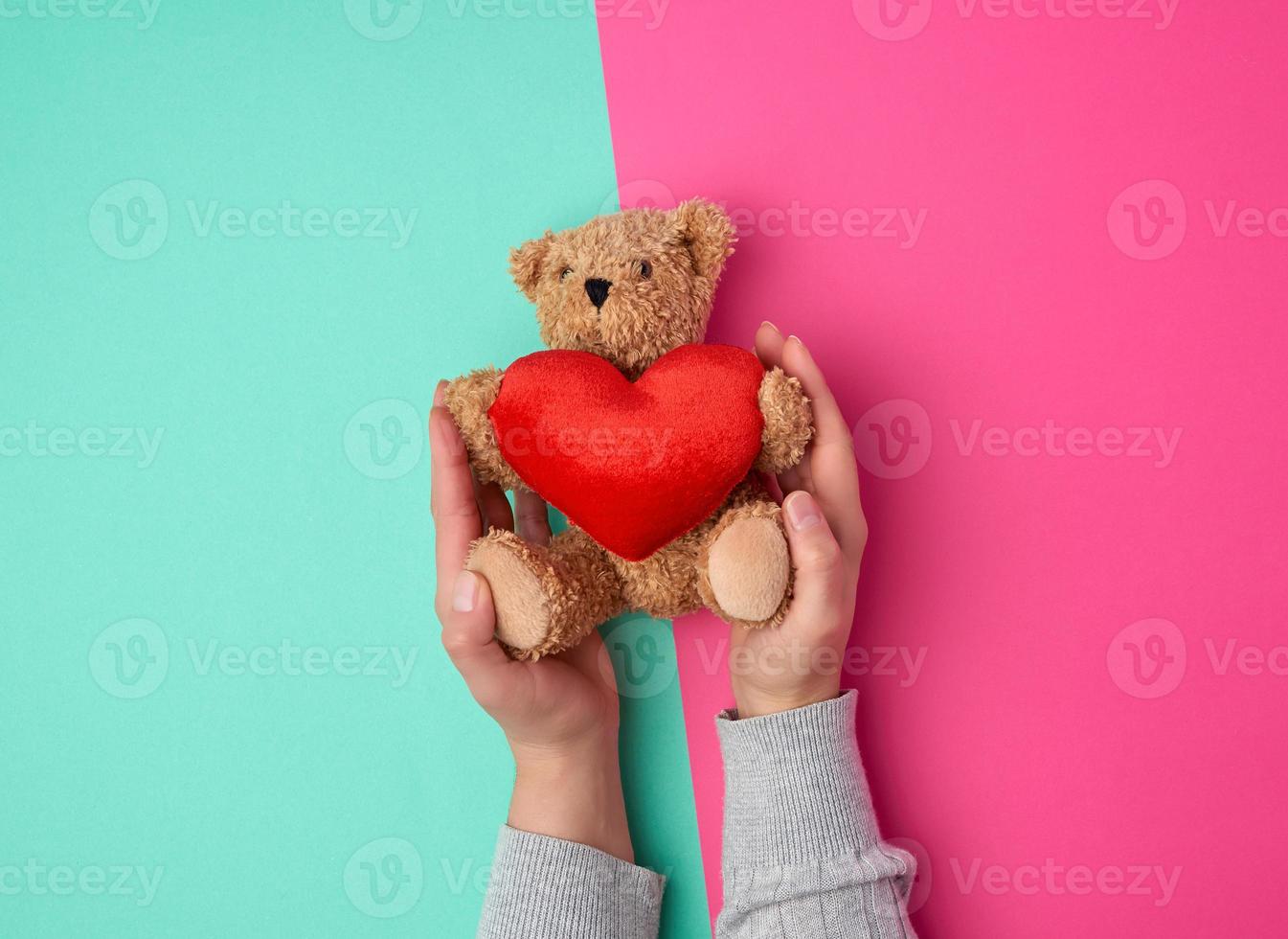 twee vrouw handen houden een klein speelgoed- teddy beer foto
