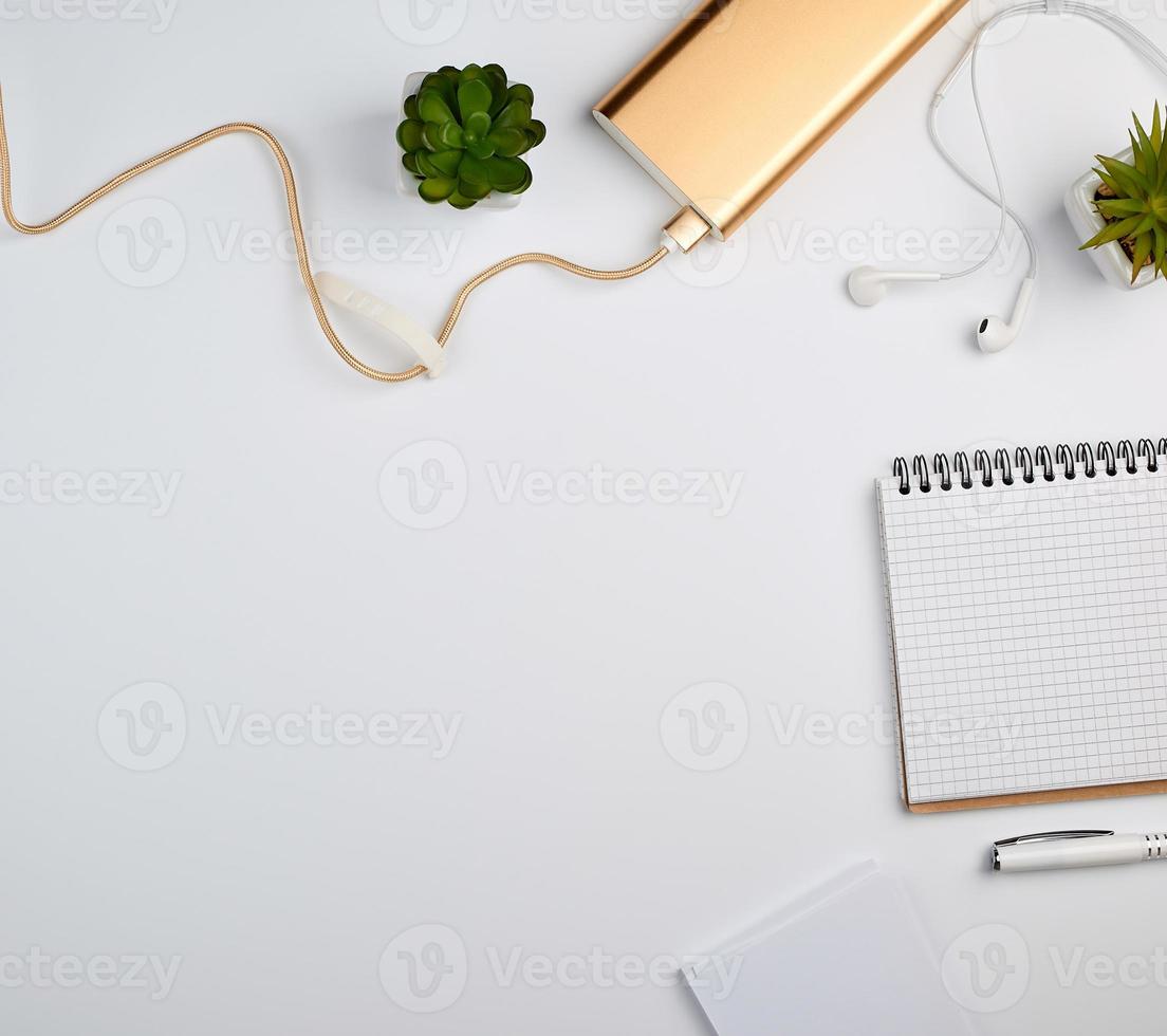 spiraal notitieboekje met wit leeg lakens, pen en groen planten foto