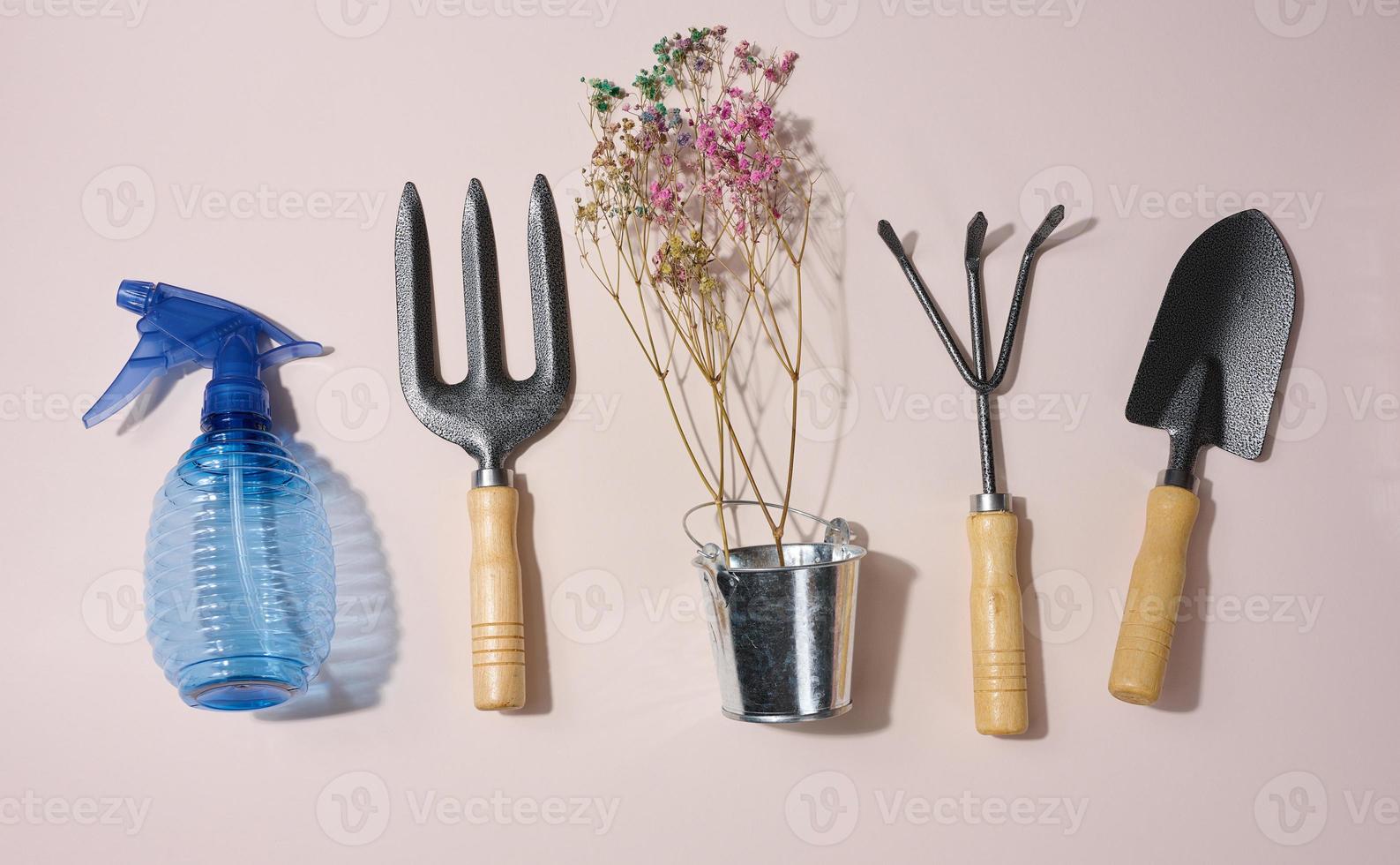 tuin hulpmiddelen, Schep, hark en vork Aan een beige achtergrond, top visie. foto