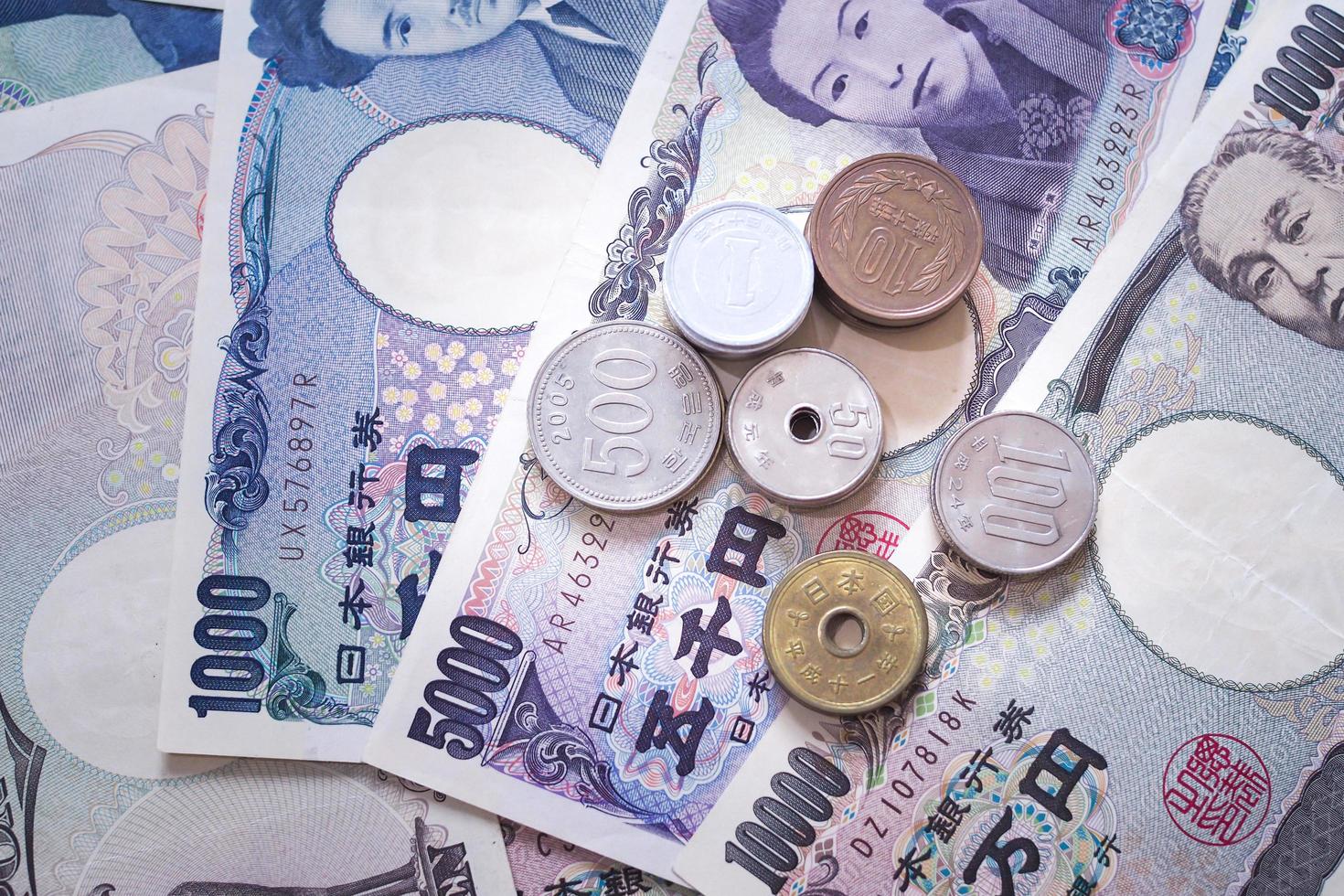 Japans yen aantekeningen en Japans yen munten voor geld concept achtergrond foto
