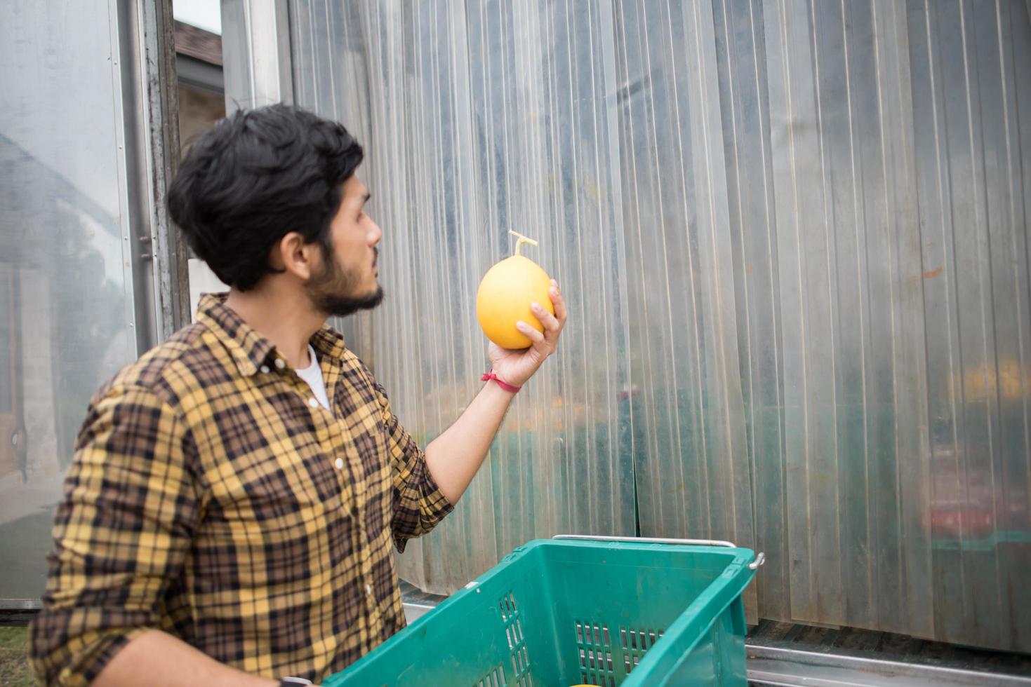 portret van een hipster boer met een doos met fruit te koop op de markt foto