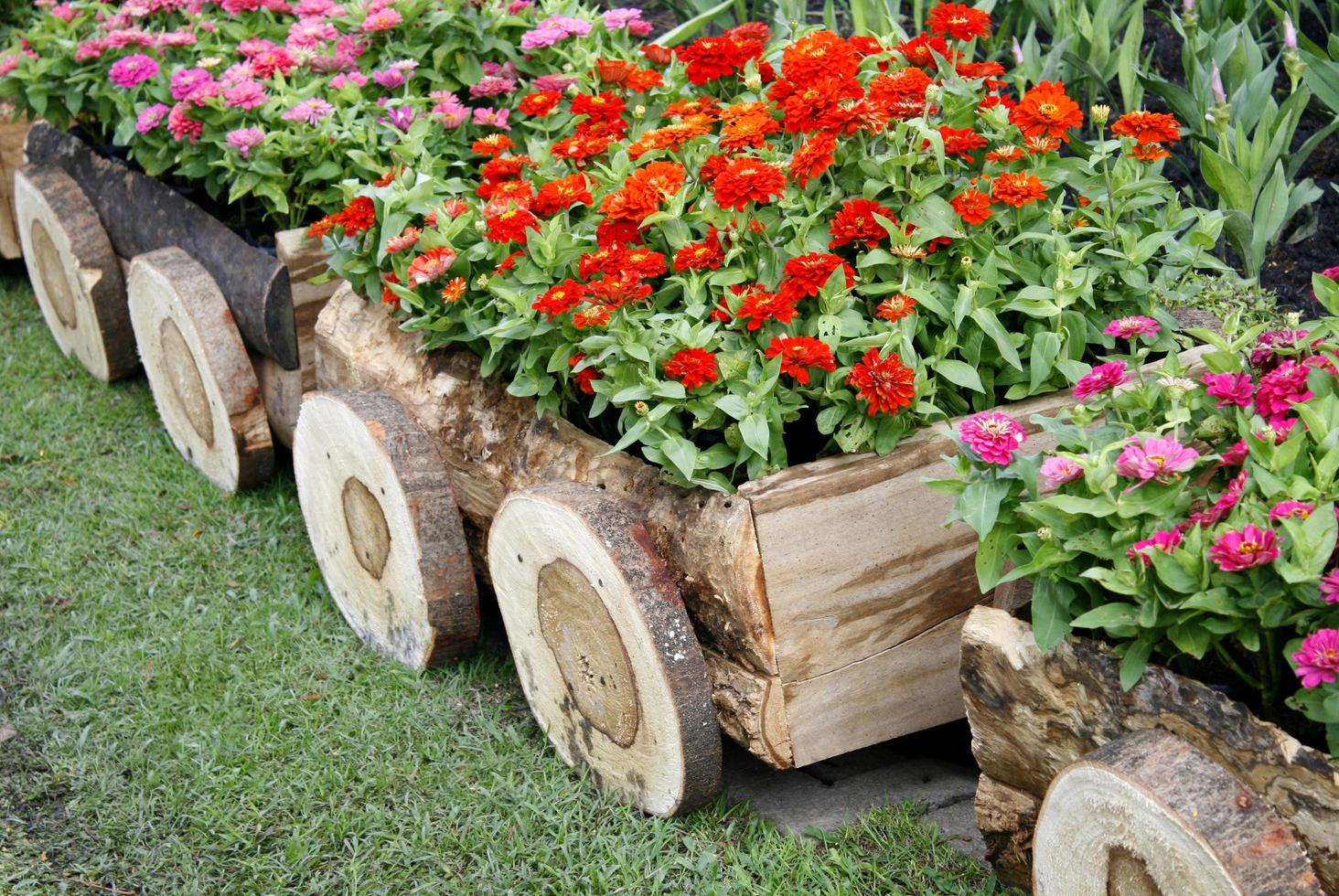 bloemen in houten wagens foto
