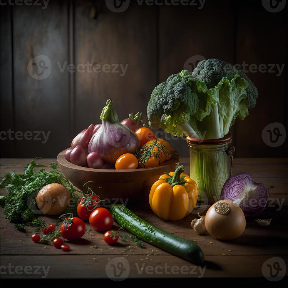 gezond groenten Aan houten tafel foto
