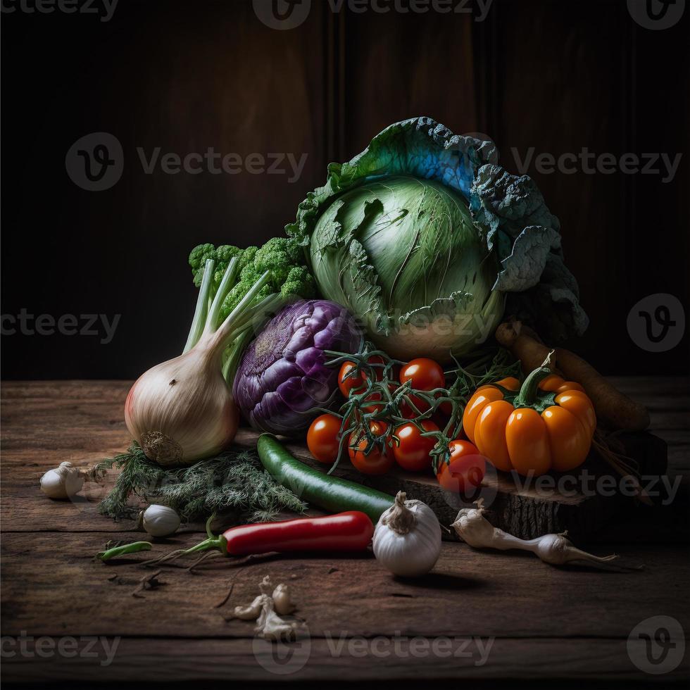 gezond groenten Aan houten tafel foto