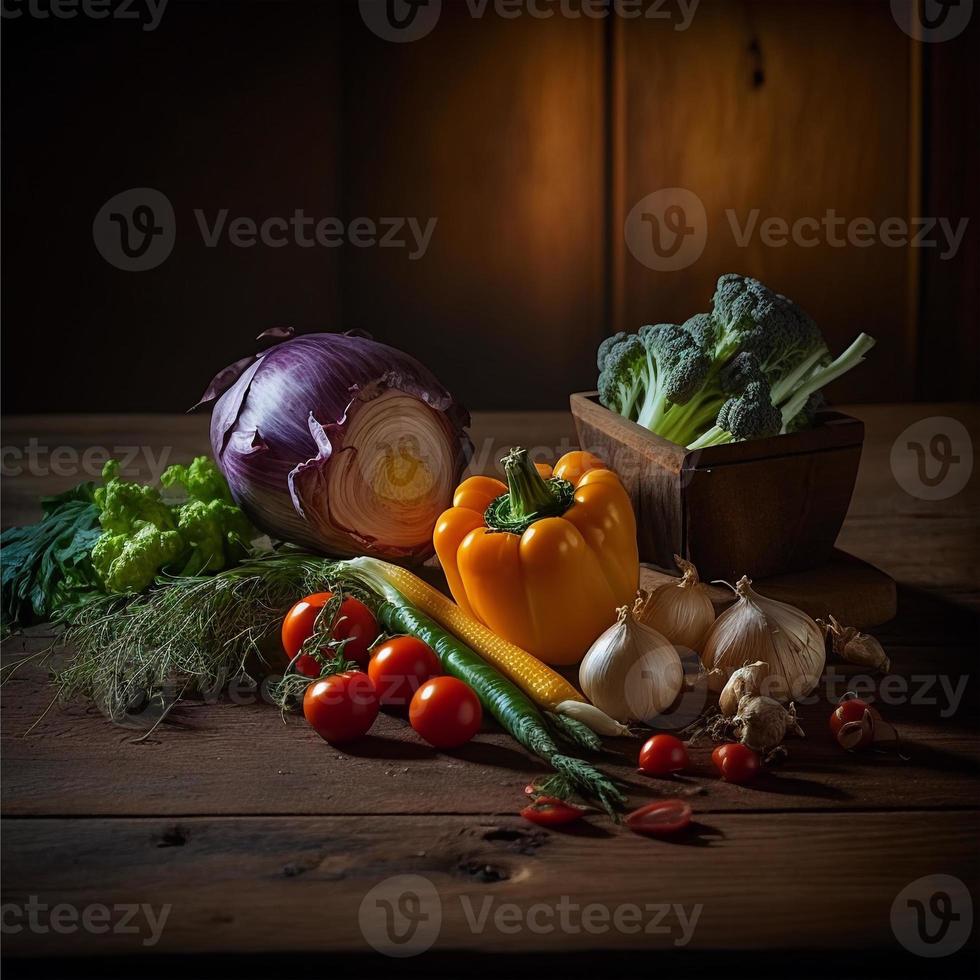 gezond groenten Aan houten tafel foto