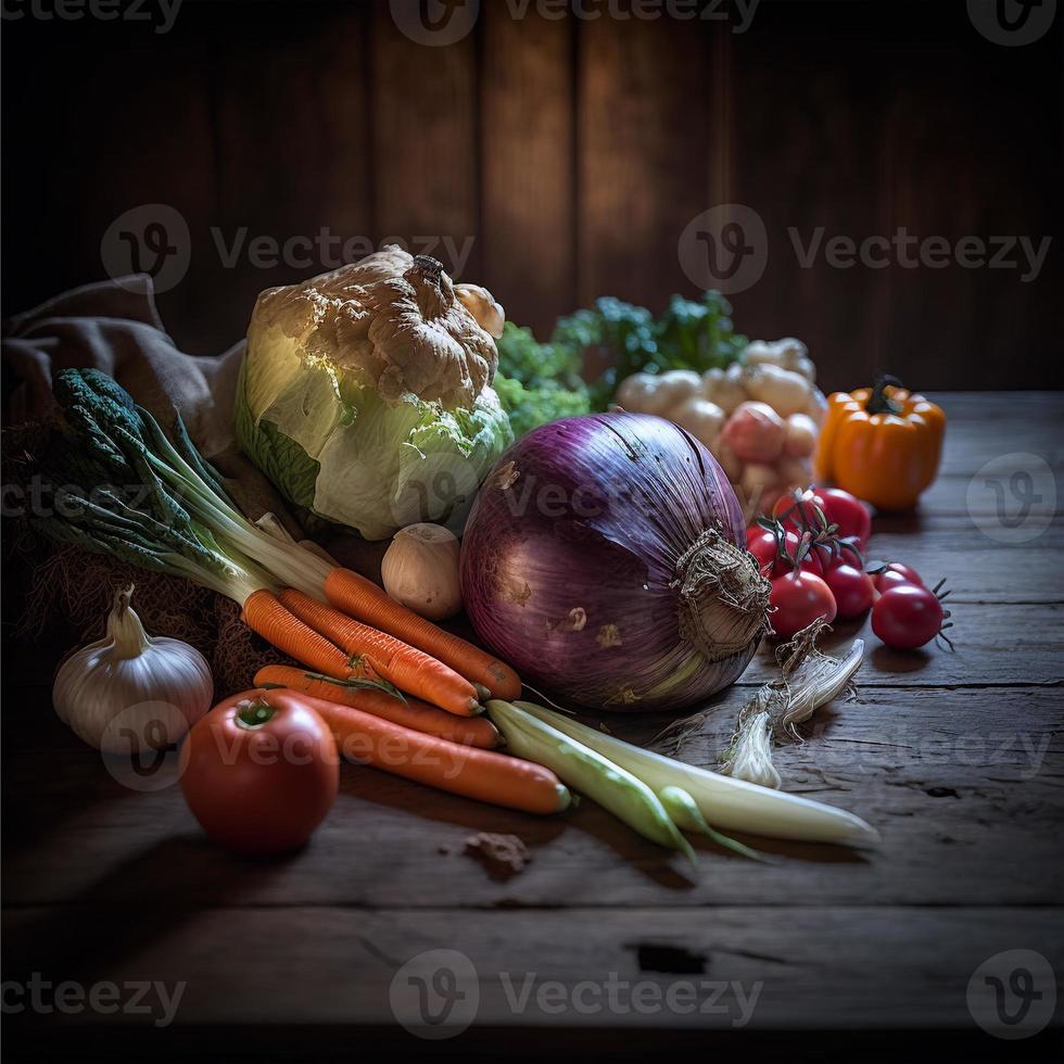 gezond groenten Aan houten tafel foto