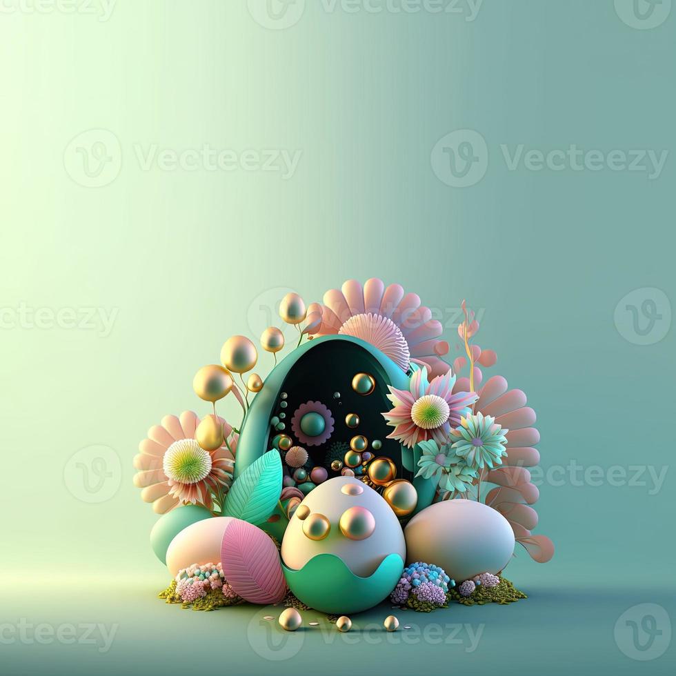 Pasen partij groet kaart met glimmend 3d eieren en bloem ornamenten foto