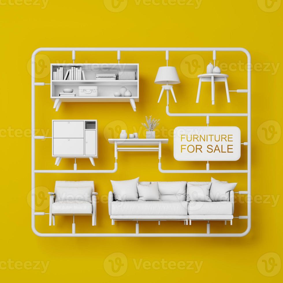 meubilair uitrusting set.bank fauteuil kabinet lamp tafel met tag.concept voor meubilair reclame of huis decoratie.3d renderen foto