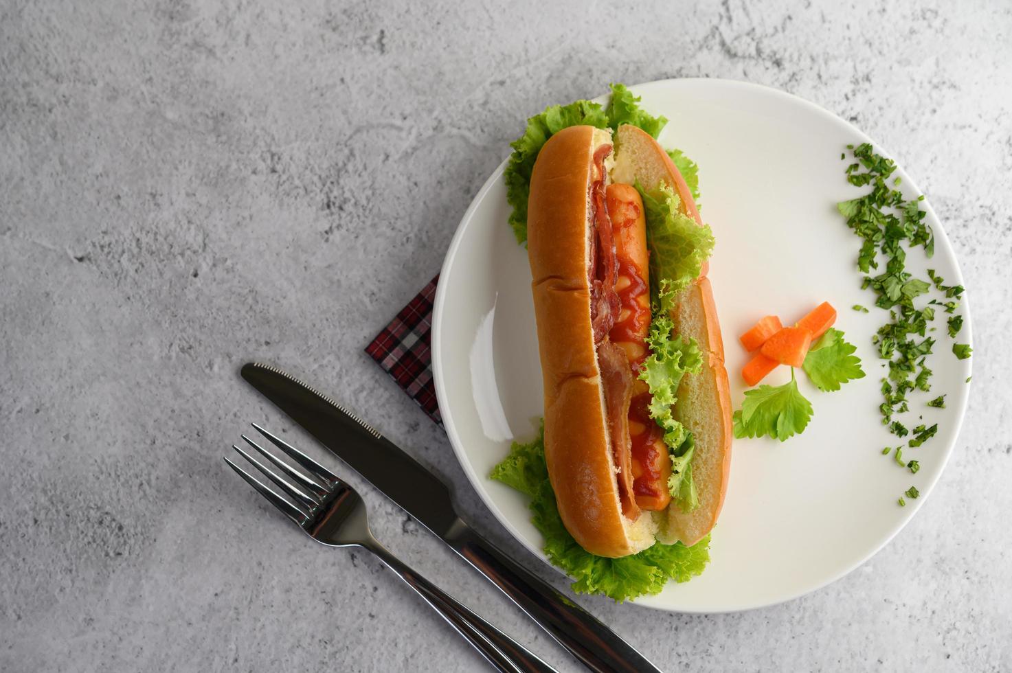 hotdog prachtig op een witte schotel geplaatst foto