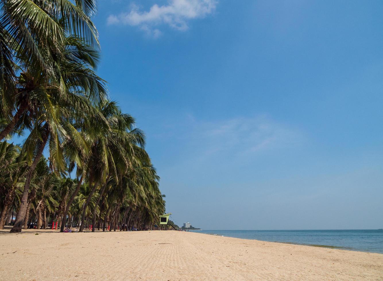 landschap zomer panorama vooraanzicht tropisch palm en kokospalmen zee strand blauw wit zand hemel achtergrond kalmte natuur oceaan mooi golf water reizen bangsaen strand oost thailand chonburi foto