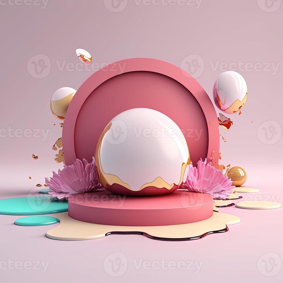glanzend 3d stadium met eieren en bloemen decoratie voor Pasen dag Product presentatie foto