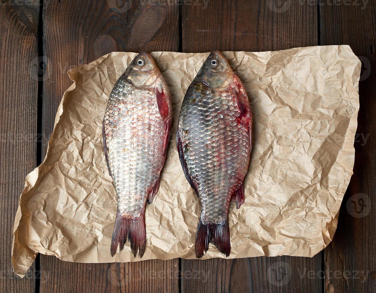 geheel vers crucian vis met balans Aan een verfrommeld bruin stuk van papier foto