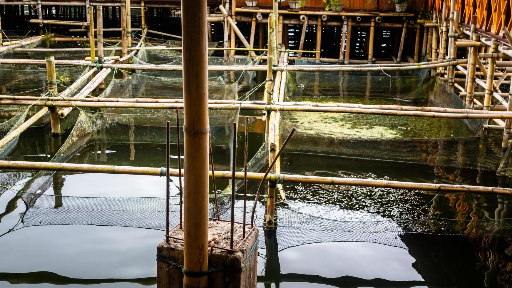 traditioneel vis boerderij in tondaan meer gemaakt van bamboe foto