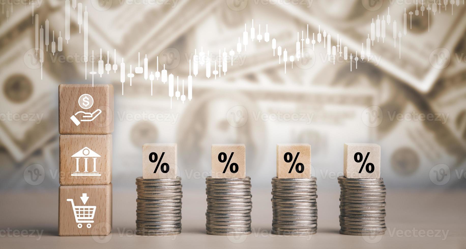 besparing bank en houten blok kubus concept, munt en rijen groei, voorraad markt of forex handel diagram en kandelaar tabel geschikt voor financieel investering geld, valuta uitwisseling achtergrond foto