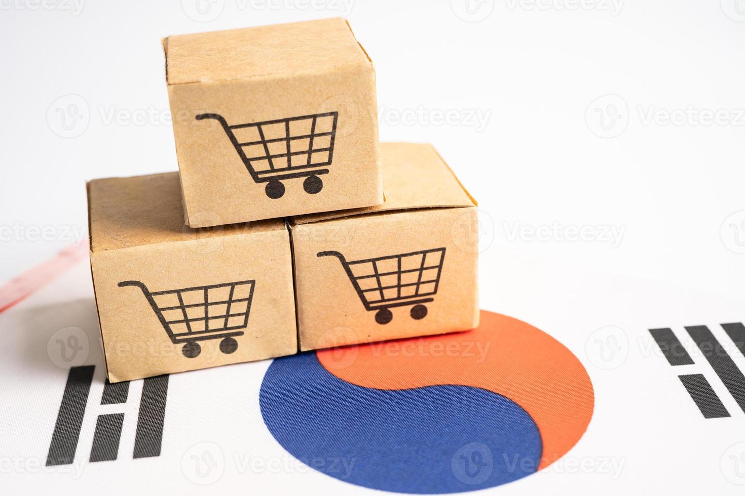 doos met boodschappen doen kar logo en Korea vlag, importeren exporteren boodschappen doen online of ecommerce financiën levering onderhoud op te slaan Product Verzenden, handel, leverancier concept. foto