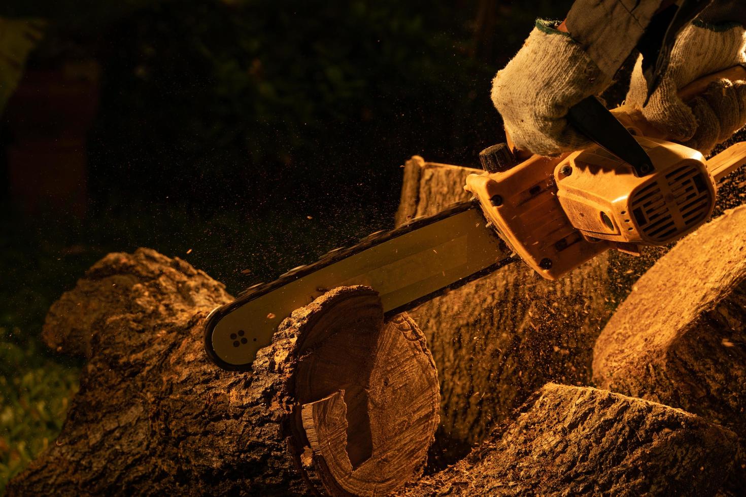 elektrisch kettingzagen besnoeiing bomen in de Woud voor gebouw een huis en maken brandhout de concept van ontbossing foto