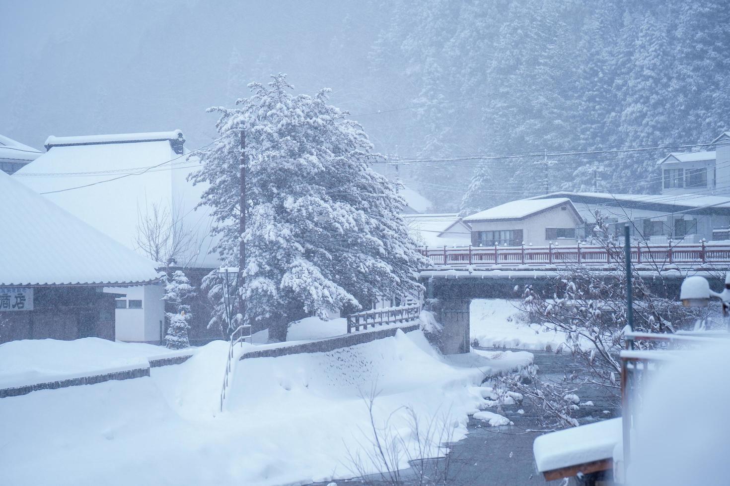 zwaar sneeuw Bij de rivier- in hoi Nee sato dorp in tochigi prefectuur, nikko stad, Japan foto