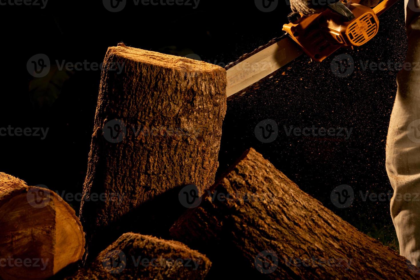 elektrisch kettingzagen besnoeiing bomen in de Woud voor gebouw een huis en maken brandhout de concept van ontbossing foto