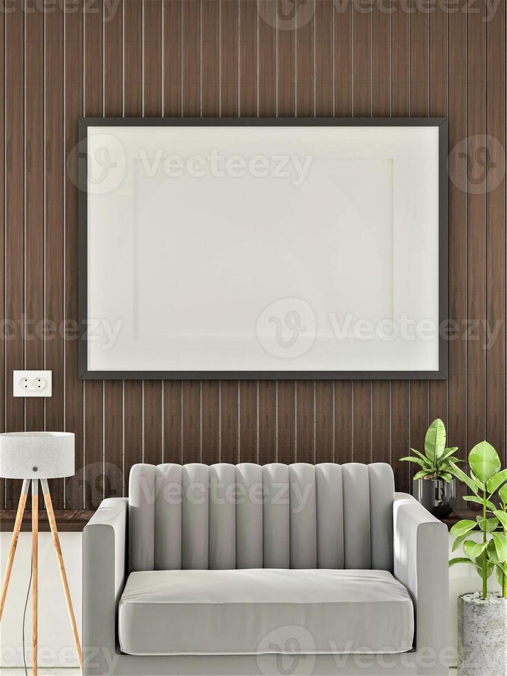 3d illustratie mockup foto kader in leven kamer renderen