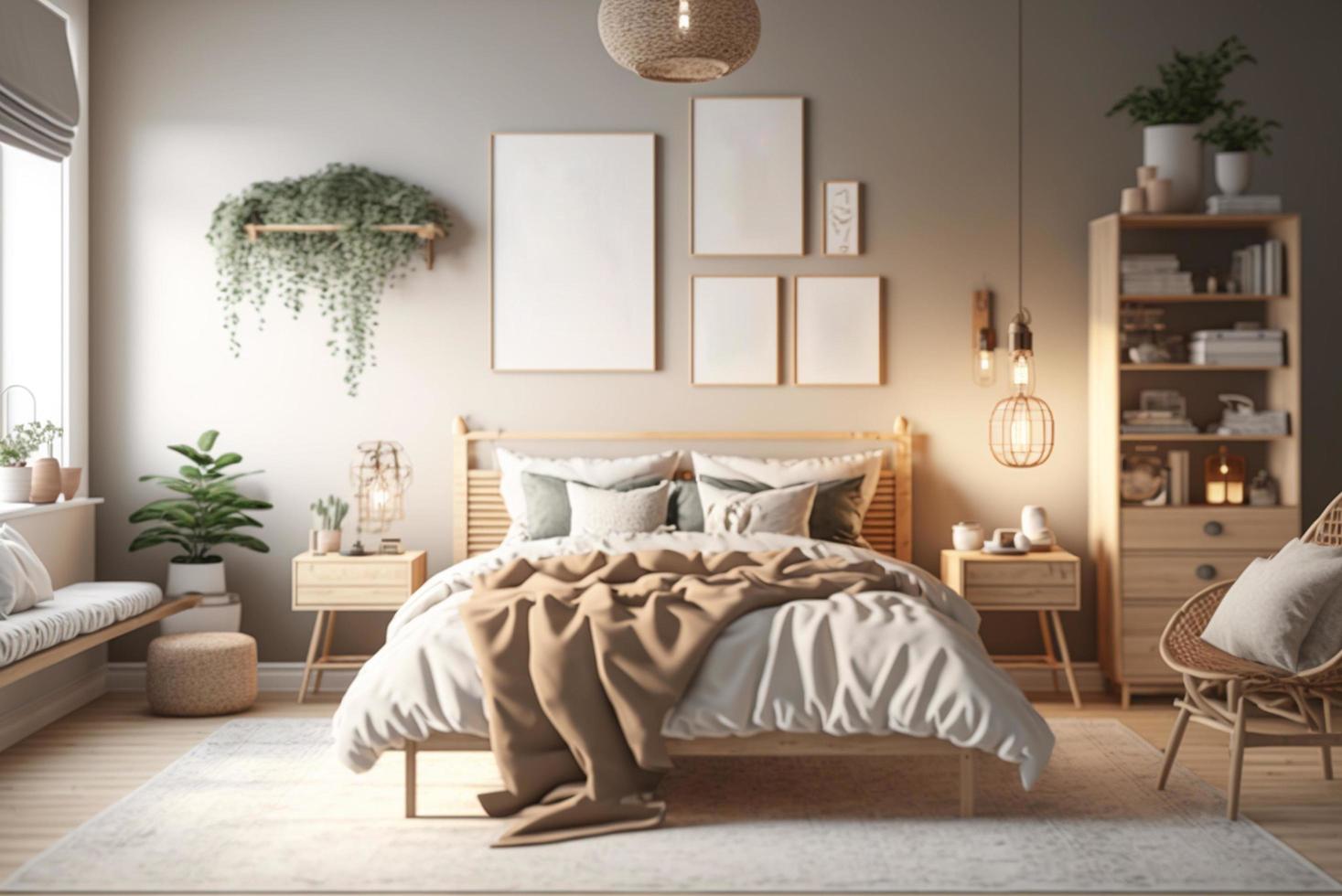 Scandinavisch stijl slaapkamer mockup met natuurlijk hout meubilair en een beige kleur regeling foto