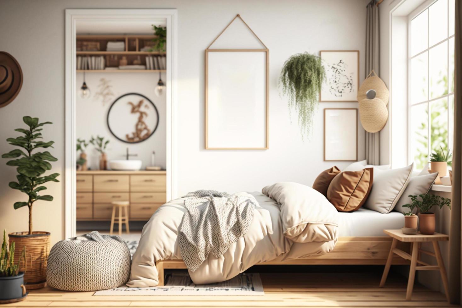 Scandinavisch stijl slaapkamer mockup met natuurlijk hout meubilair en een beige kleur regeling foto