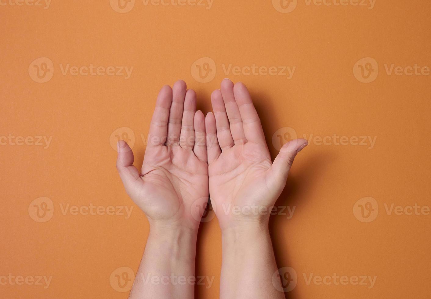 twee vrouw handen Aan een bruin achtergrond. leeg palmen open, top visie foto