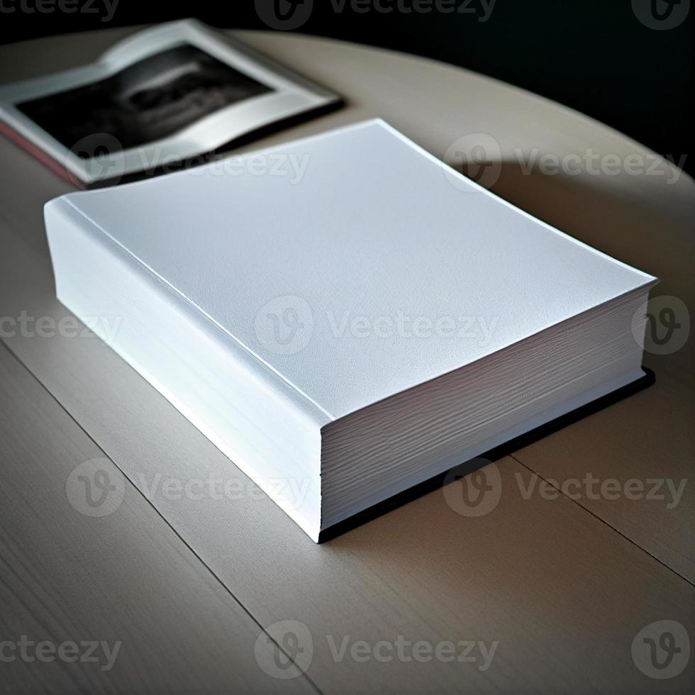 wit boek met blanco Hoes Aan een houten tafel. boek Hoes mockup foto. foto