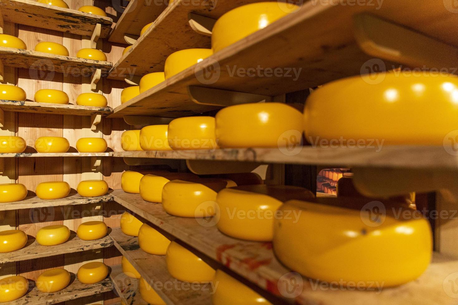 Nederlands kaas wielen zijn gestapeld en beschikbaar voor aankoop door de algemeen openbaar. foto