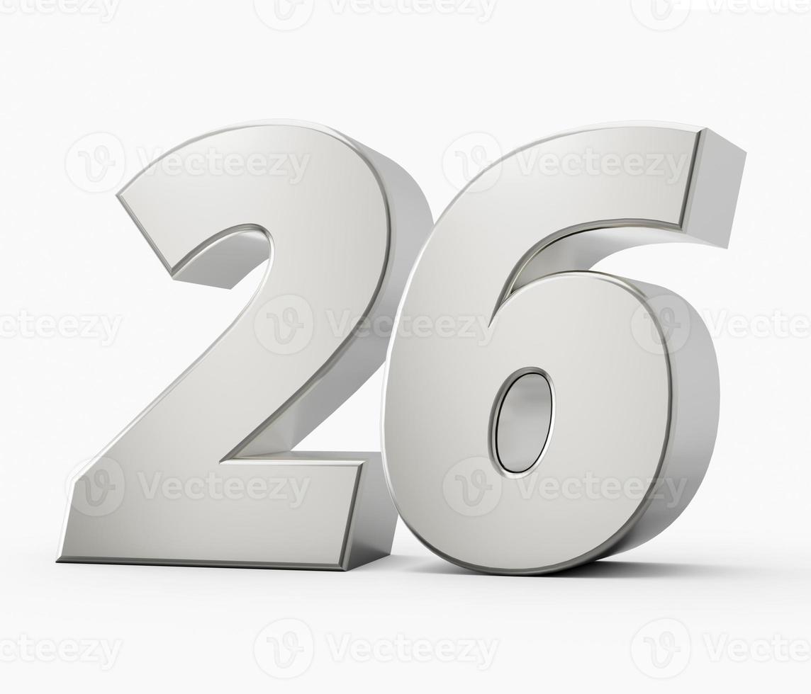 zilver 3d getallen 26 twintig zes. geïsoleerd wit achtergrond 3d illustratie foto