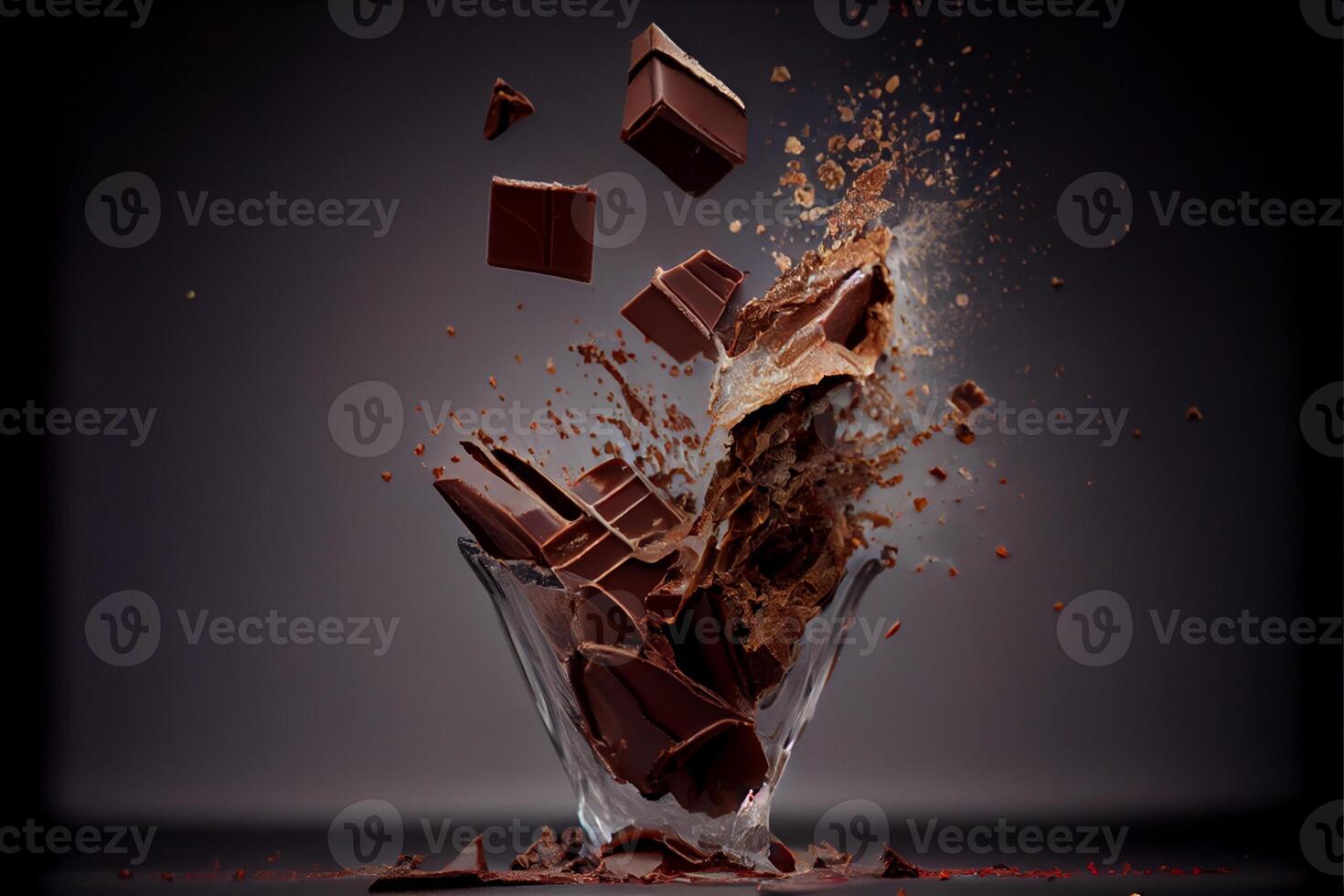 vliegend stukken van verpletterd chocola stukken met liquide chocola Valentijnsdag dag 3d en illustraties foto