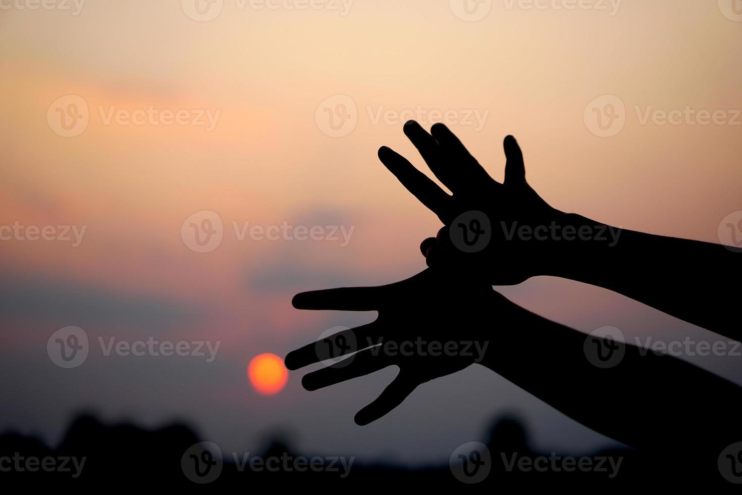 menselijk hand- silhouet van vliegend vogel zonsondergang achtergrond foto