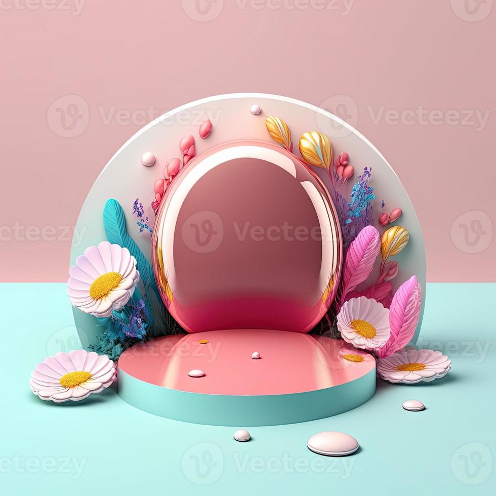 3d roze illustratie podium versierd met glimmend eieren en bloemen voor Pasen vakantie foto