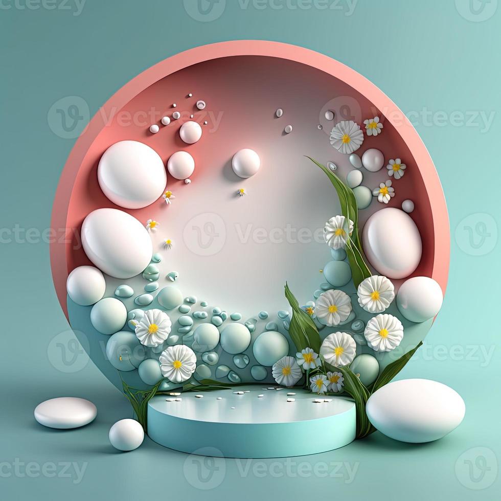 illustratie van een podium met eieren, bloemen, en gebladerte decoratie voor Product Scherm foto