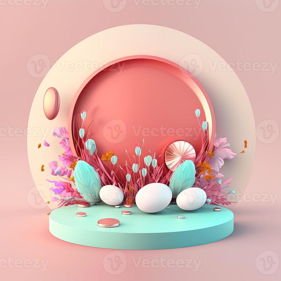 roze podium versierd met eieren en bloemen voor Pasen vakantie foto