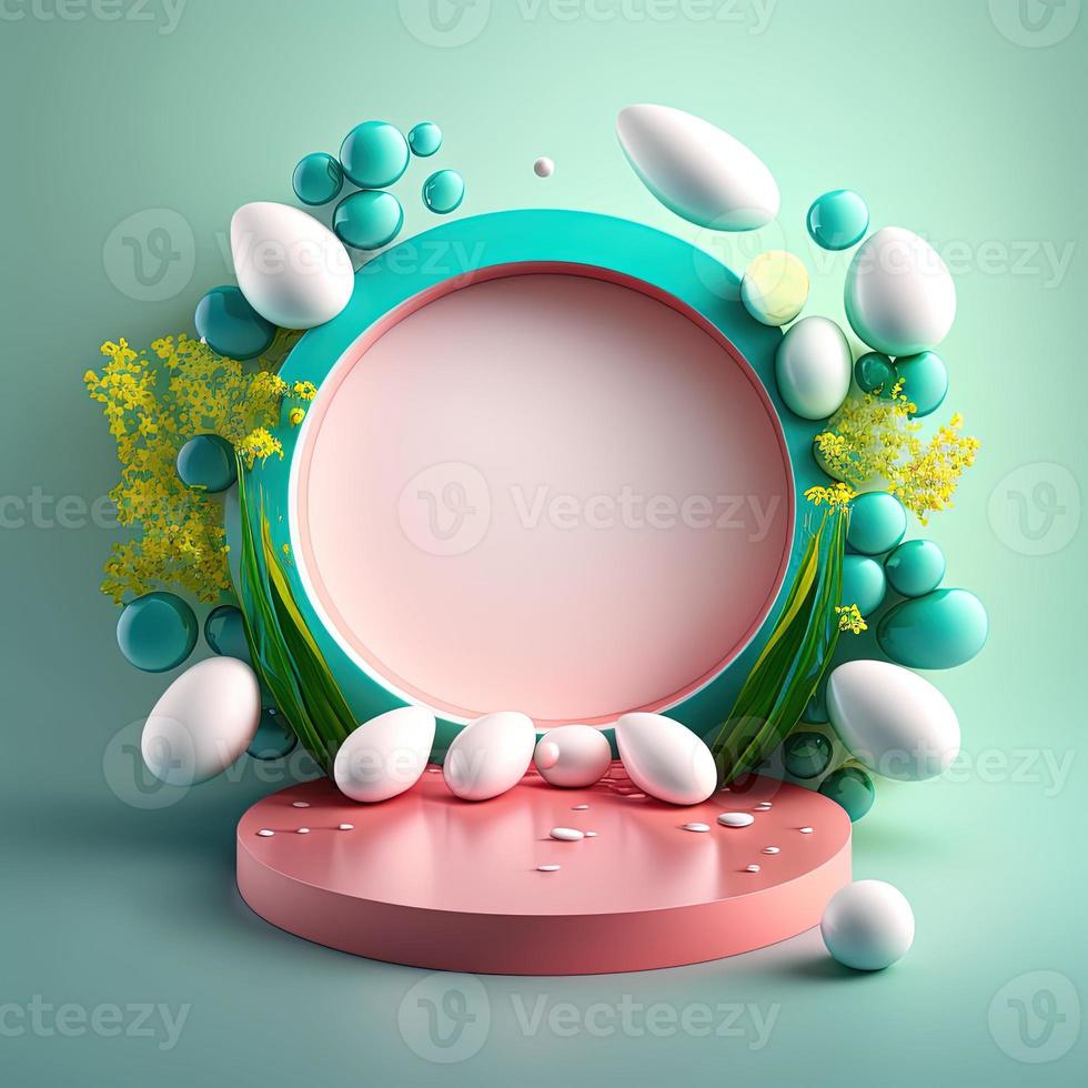 digitaal 3d illustratie van een podium met eieren, bloemen, en gebladerte decoratie voor Product Scherm foto