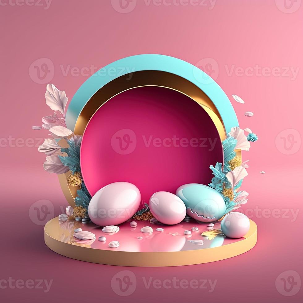 roze podium versierd met eieren en bloemen voor Product Scherm Pasen dag foto